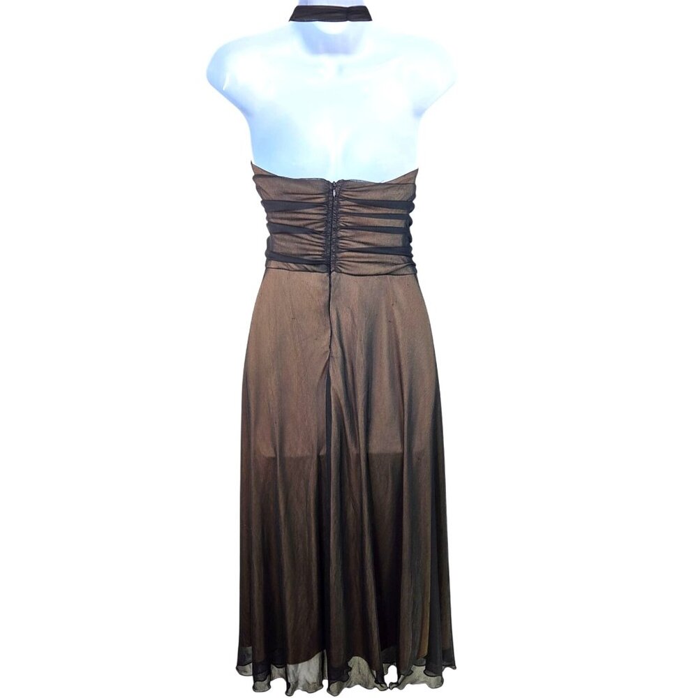 Connected Halter Maxi Chiffon Black Overlay Brown Formal Dress Size 12 Ruched - Picture 2 of 5